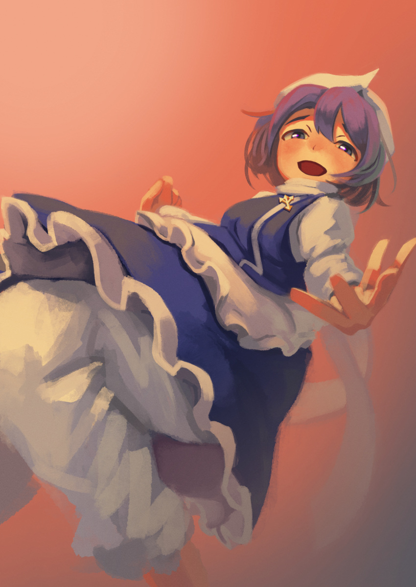 1girl apron bangs blue_skirt blue_vest blush commentary_request foot_out_of_frame fujimi_nao hat highres letty_whiterock long_sleeves looking_at_viewer open_mouth orange_background pants purple_hair shirt short_hair skirt skirt_set smile solo touhou vest violet_eyes waist_apron white_apron white_headwear white_pants white_shirt