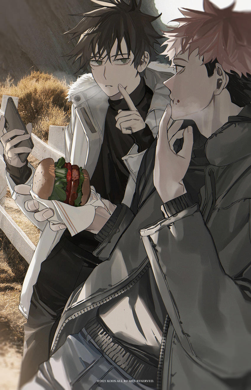 2boys :t bangs black_hair black_pants black_sweater blue_pants breath brown_eyes burger cellphone coat eating eyelashes facial_mark finger_to_face food food_on_face fur_trim fushiguro_megumi green_eyes grey_coat hair_between_eyes hand_up highres holding holding_food holding_phone itadori_yuuji jujutsu_kaisen k00s long_sleeves looking_at_another male_focus multiple_boys open_clothes open_coat outdoors pants parted_lips phone pink_hair short_hair sleeves_past_wrists smartphone spiky_hair sweater symbol-only_commentary undercut white_coat winter_clothes winter_coat