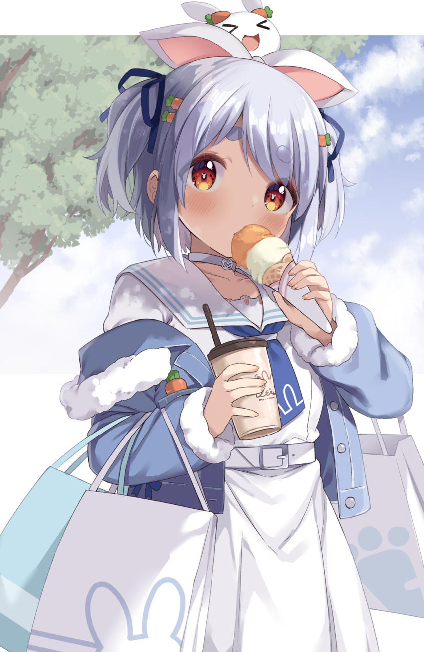 &gt;_&lt; 1girl :d animal_ears bag blue_jacket blue_ribbon blue_sky blush bunny-shaped_pupils choker closed_eyes clouds cloudy_sky collarbone cup day disposable_cup double_scoop dress drinking_straw eating food fur-trimmed_jacket fur-trimmed_sleeves fur_trim hair_ribbon highres holding holding_cup holding_food hololive ice_cream ice_cream_cone jacket long_sleeves muku_(muku-coffee) nousagi_(usada_pekora) off_shoulder on_head open_clothes open_jacket paper_bag rabbit_ears red_eyes ribbon sailor_collar sailor_dress shopping_bag short_eyebrows sky smile symbol-shaped_pupils thick_eyebrows tree two_side_up usada_pekora virtual_youtuber white_choker white_dress white_sailor_collar xd