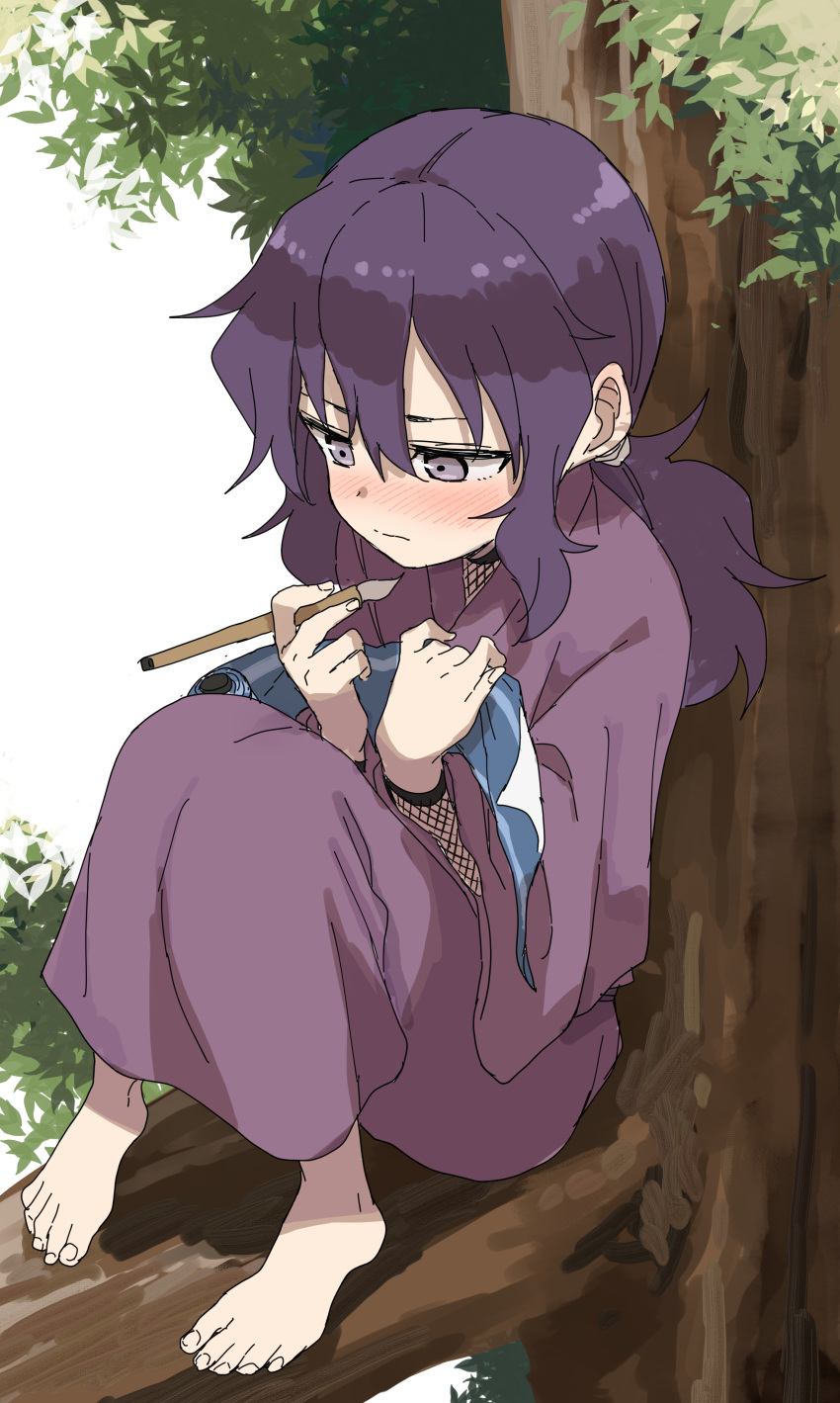 1girl absurdres barefoot blush character_request closed_mouth commentary_request fishnets full_body highres holding holding_paintbrush in_tree japanese_clothes kimono knees_up kunoichi_tsubaki_no_mune_no_uchi long_sleeves looking_away low_ponytail nose_blush paintbrush ponytail purple_hair purple_kimono sitting solo tree violet_eyes white_background wide_sleeves yamamoto_souichirou