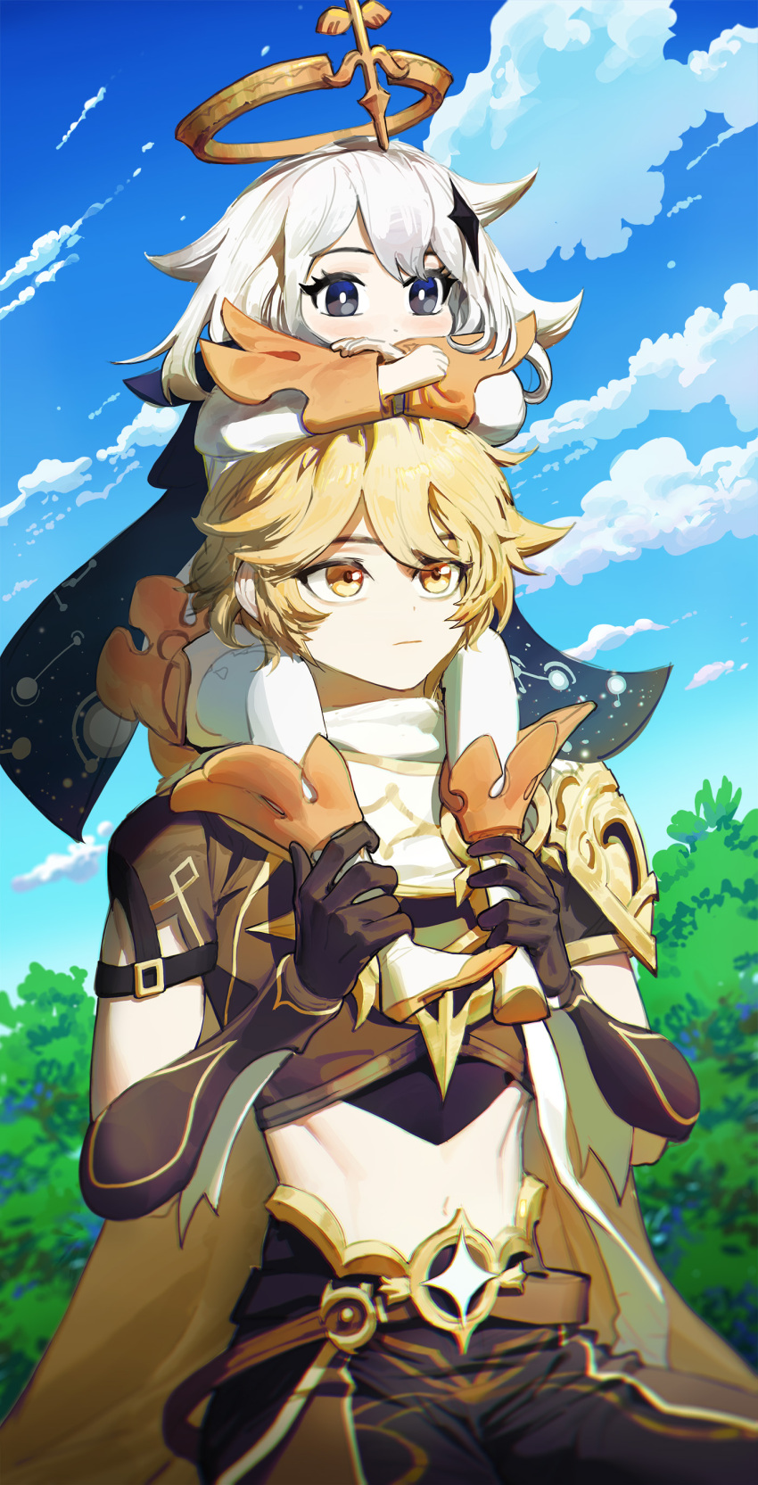 1boy 1girl absurdres aether_(genshin_impact) armor belt blonde_hair blue_sky blush bright_pupils brown_gloves closed_mouth clouds cloudy_sky constellation constellation_print dot_nose eyelashes ghdwid gloves grey_eyes hair_ornament halo head_rest highres holding_another's_foot holding_another's_leg long_eyelashes medium_hair navel on_shoulder original outdoors paimon_(genshin_impact) pauldrons scarf shoulder_armor single_pauldron sitting_on_shoulder sky star_(symbol) star_hair_ornament star_print thigh-highs tree walking white_hair white_legwear white_pupils yellow_eyes