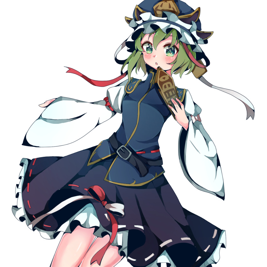 1girl asymmetrical_hair bangs black_skirt blue_headwear blue_vest blush bow breasts commentary_request cowboy_shot doko_ni_demo_iru_bakana_shojo epaulettes frilled_hat frills green_eyes green_hair hat highres holding long_sleeves looking_at_viewer open_mouth red_bow ribbon-trimmed_skirt ribbon-trimmed_vest ribbon_trim rod_of_remorse shiki_eiki shirt short_hair simple_background skirt sleeve_bow small_breasts solo touhou vest white_background white_bow white_shirt wide_sleeves