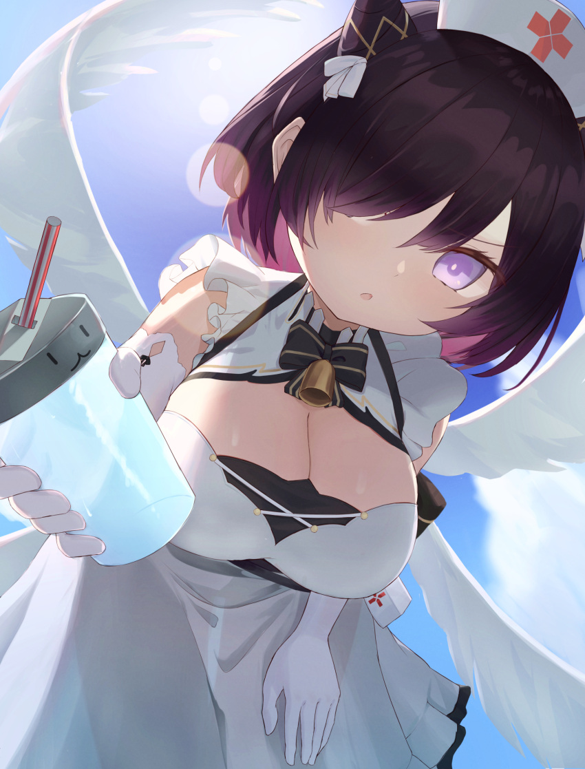 1girl azur_lane bottle breasts detached_sleeves drinking_straw hair_over_one_eye hat highres humo jervis_(azur_lane) juice_box large_breasts lens_flare looking_at_viewer medium_hair nurse_cap open_mouth ribbon sky violet_eyes wings