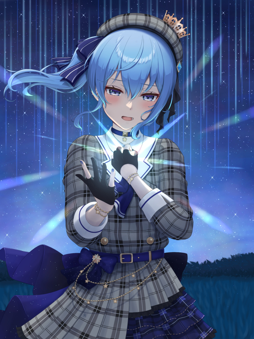 1girl ascot bangs belt beret blue_belt blue_choker blue_eyes blue_hair blue_nails blue_ribbon blush choker crown dress falling_star field floating_hair furrowed_brow gloves grass hair_between_eyes hair_ribbon hand_on_own_chest hands_up hat highres holding hololive hoshimachi_suisei jupiterjack8 light_in_heart looking_at_viewer mini_crown night night_sky open_hand open_mouth partially_fingerless_gloves plaid plaid_dress plaid_headwear plaid_shirt plaid_skirt ribbon shiny shirt shooting_star side_ponytail sidelocks skirt sky solo star_(sky) star_(symbol) star_choker star_in_eye starry_sky symbol_in_eye virtual_youtuber wavy_hair
