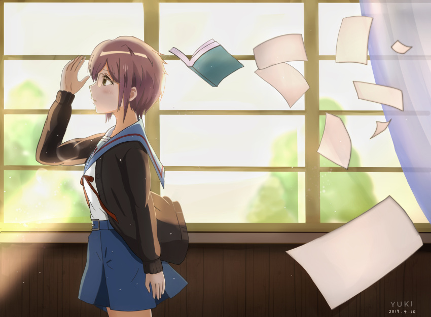 1girl absurdres bangs belt blue_belt blue_sailor_collar blue_skirt blush book brown_cardigan brown_eyes cardigan character_name curtains dated flying_paper from_side glasses highres hxf19980102 indoors kita_high_school_uniform long_sleeves nagato_yuki open_cardigan open_clothes paper parted_lips purple_hair red_ribbon ribbon sailor_collar school_uniform serafuku short_hair skirt solo suzumiya_haruhi_no_yuuutsu window