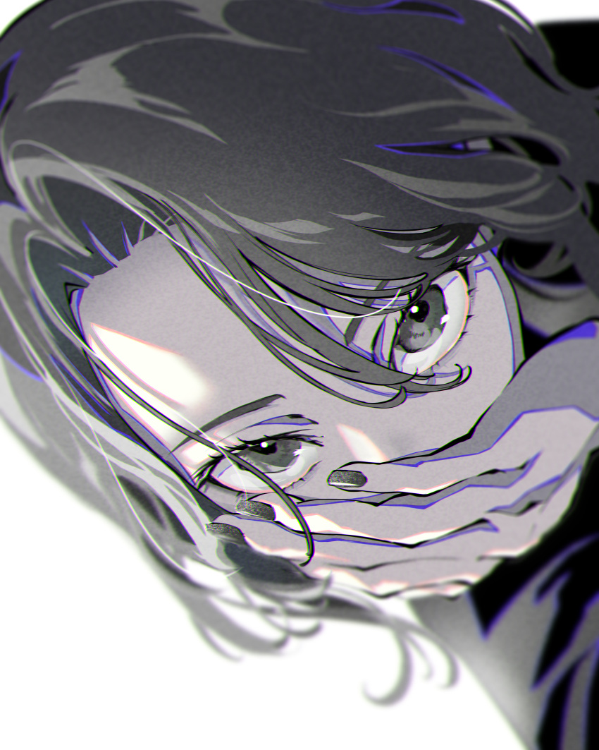 1girl absurdres eye_focus greyscale hair_strand hand_on_own_face highres looking_at_viewer monochrome nail_polish natsume_hinako original white_background