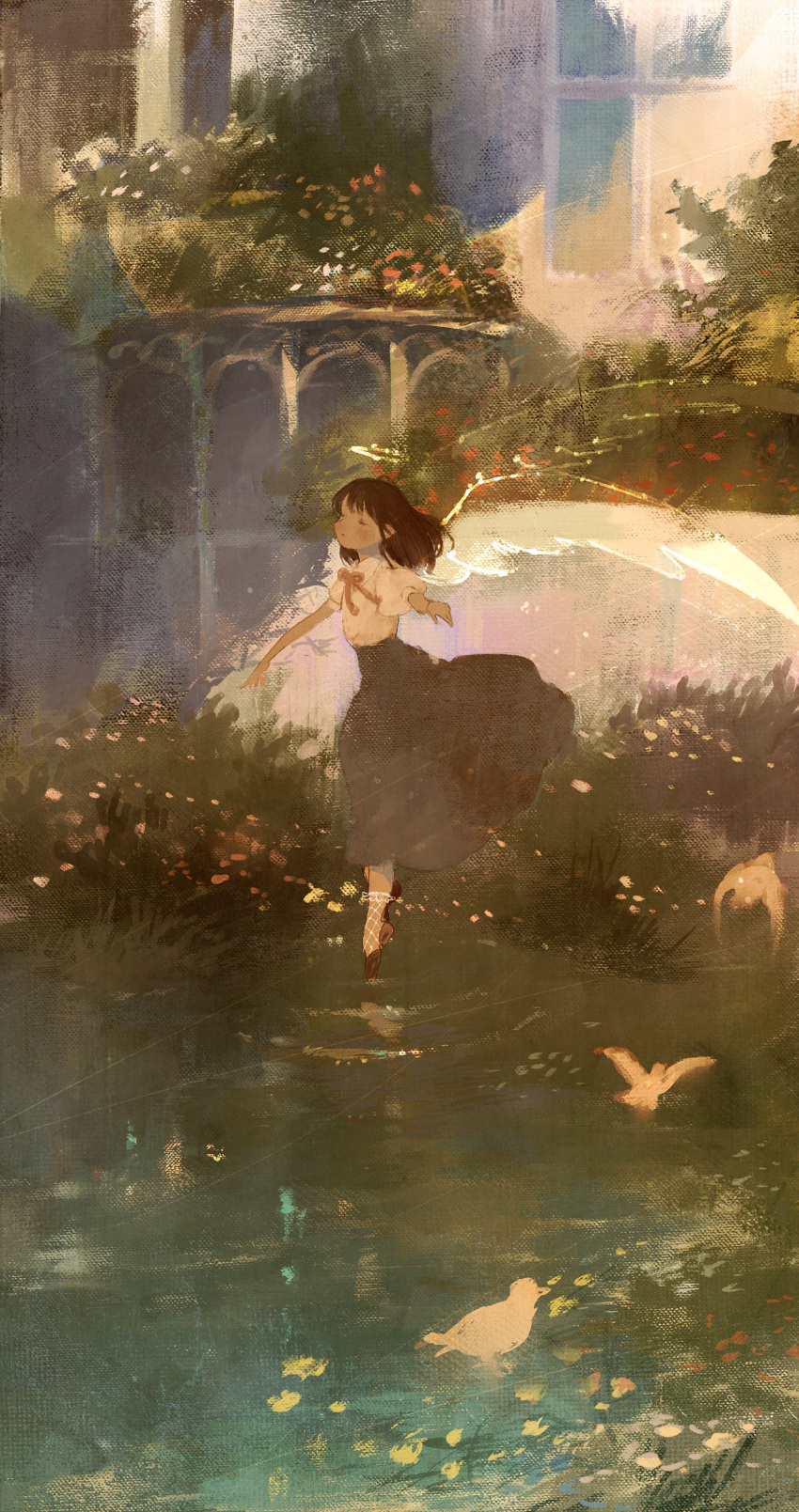 1girl absurdres angel angel_wings bangs black_hair black_skirt building halo highres long_hair long_skirt original outdoors plant pomepomesanpo ripples shirt short_sleeves skirt solo standing tree water white_shirt wide_shot wings