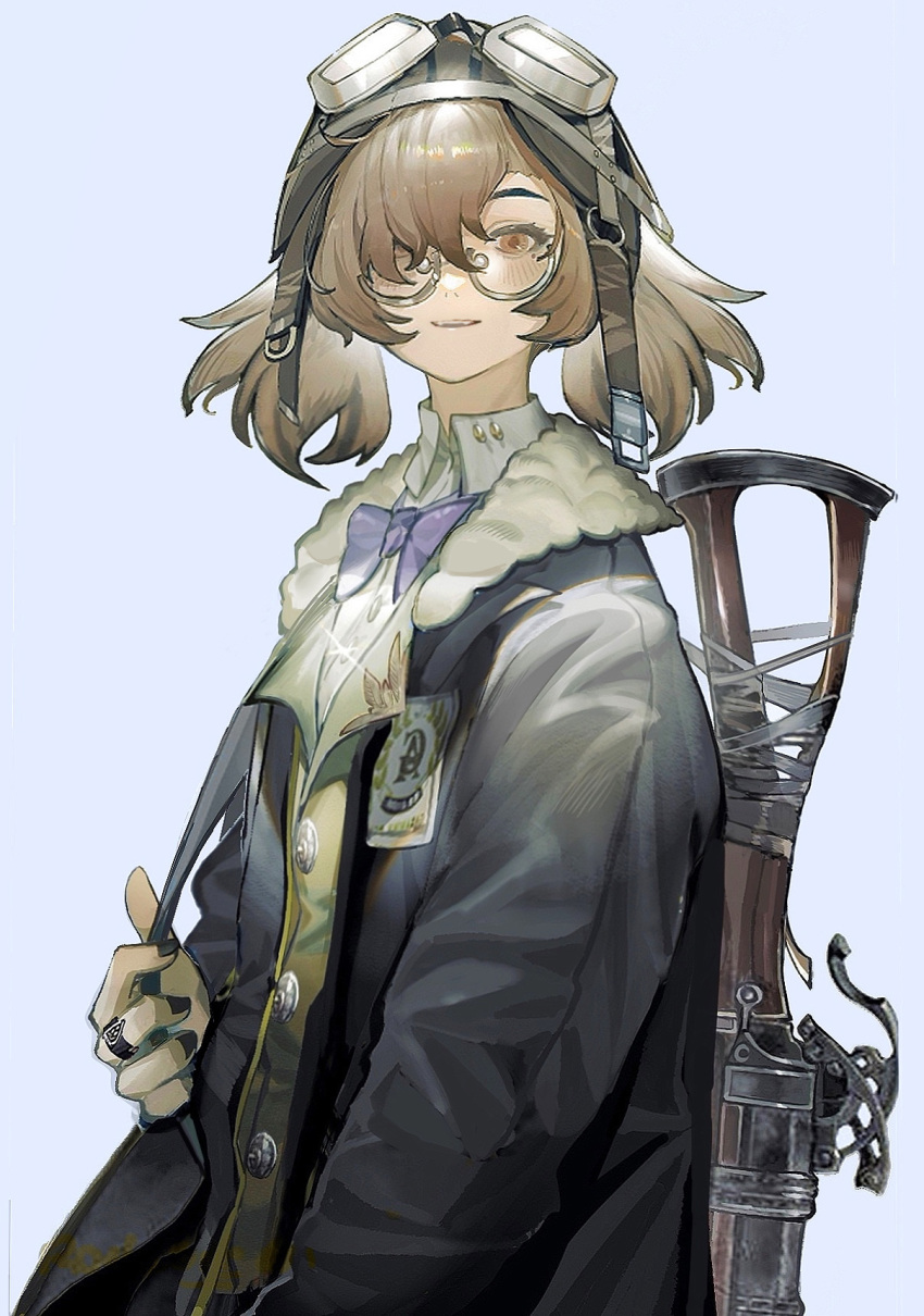 1girl black_coat black_nails blue_background brown_eyes brown_hair coat commentary glasses goggles goggles_on_head hair_over_one_eye highres jewelry long_sleeves looking_at_viewer nail_polish noco_(pixiv14976070) original parted_lips pilot_helmet rifle_on_back ring simple_background smile solo twintails upper_body weapon weapon_on_back
