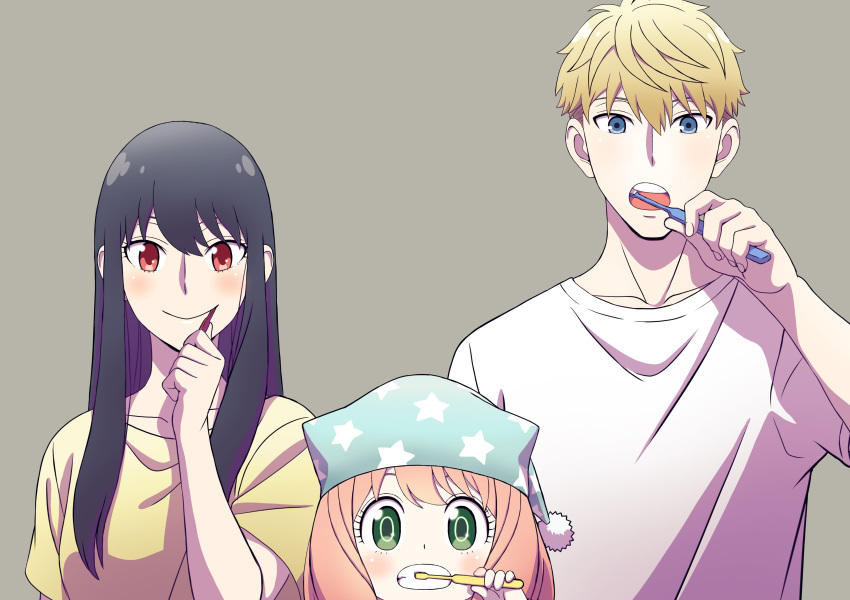 1boy 2girls absurdres anya_(spy_x_family) black_hair blonde_hair blue_eyes blush brushing_teeth commentary_request father_and_daughter green_eyes hair_down hat highres holding holding_toothbrush husband_and_wife mother_and_daughter multiple_girls nightcap official_art open_mouth pajamas pink_hair red_eyes spy_x_family toothbrush toothbrush_in_mouth twilight_(spy_x_family) yor_briar
