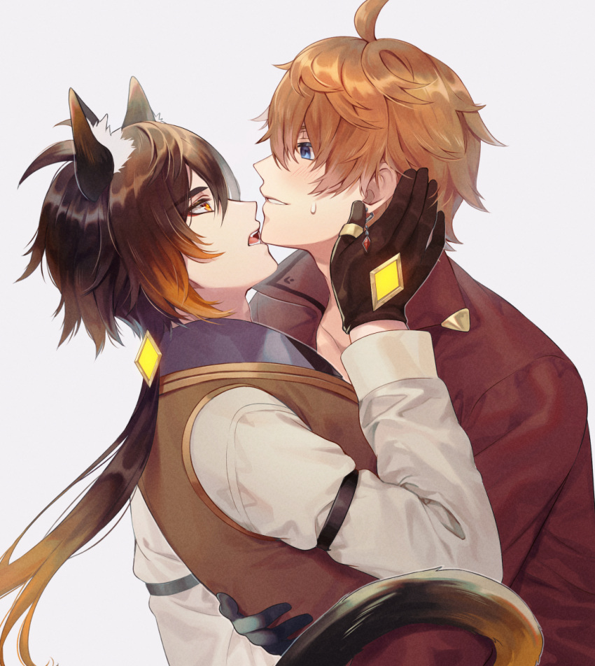 2boys animal_ear_fluff animal_ears antenna_hair bangs black_gloves blue_eyes blush brown_hair brown_vest cat_ears cat_tail earrings from_side genshin_impact gloves gradient_hair grey_background grey_shirt hair_between_eyes hair_tie hand_on_another's_face highres jewelry long_sleeves looking_at_another low_ponytail multicolored_hair multiple_boys open_mouth orange_eyes orange_hair red_eyeliner red_shirt ritsu_(re710pngn) shirt simple_background single_earring sweatdrop tail tartaglia_(genshin_impact) thumb_ring vest zhongli_(genshin_impact)