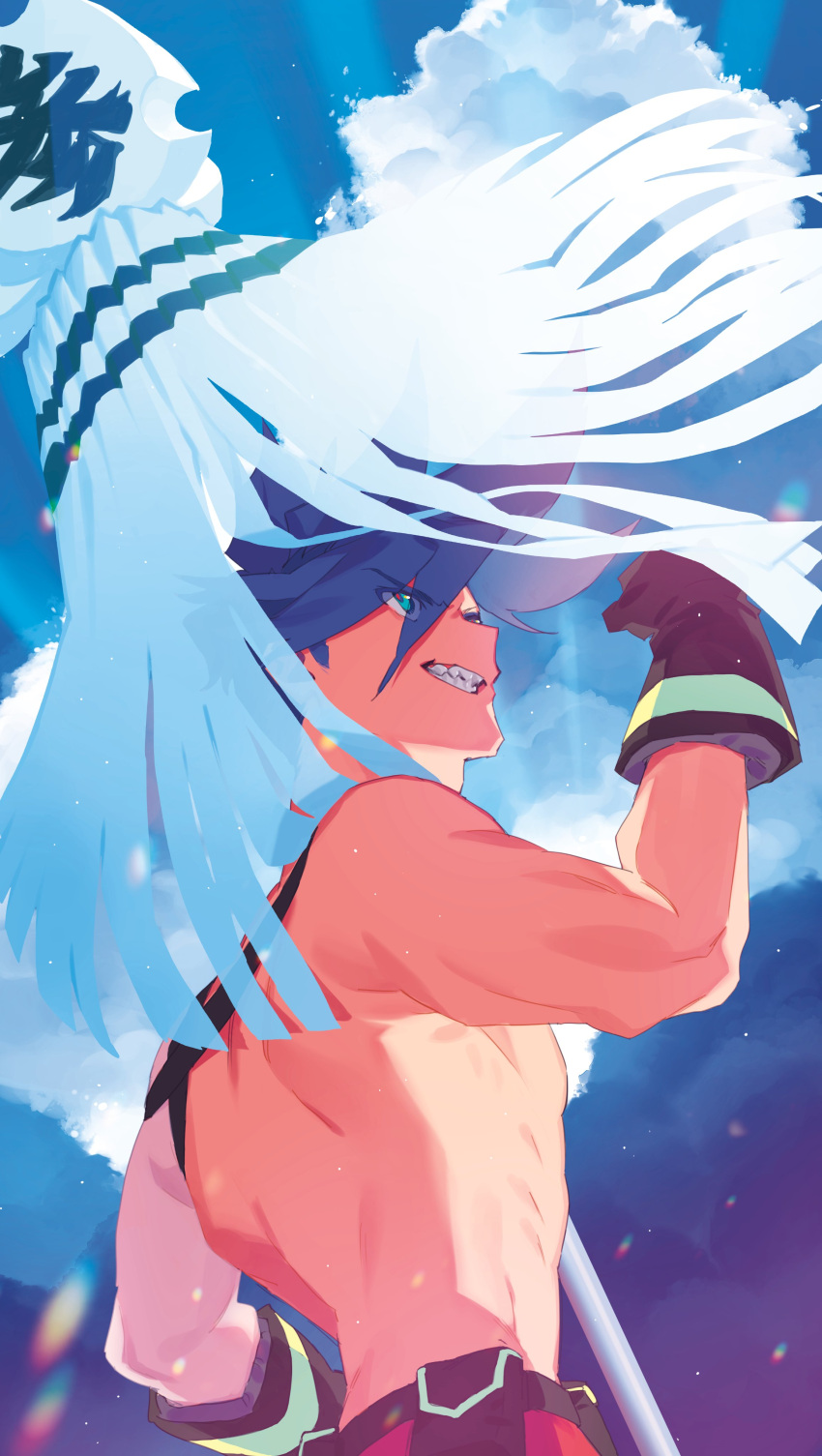 1boy absurdres bangs black_gloves blue_eyes blue_hair clouds galo_thymos gloves grin hair_between_eyes highres male_focus matoi promare sharp_teeth sky smile solo spiky_hair teeth topless_male upper_body yagita_(astronomie)