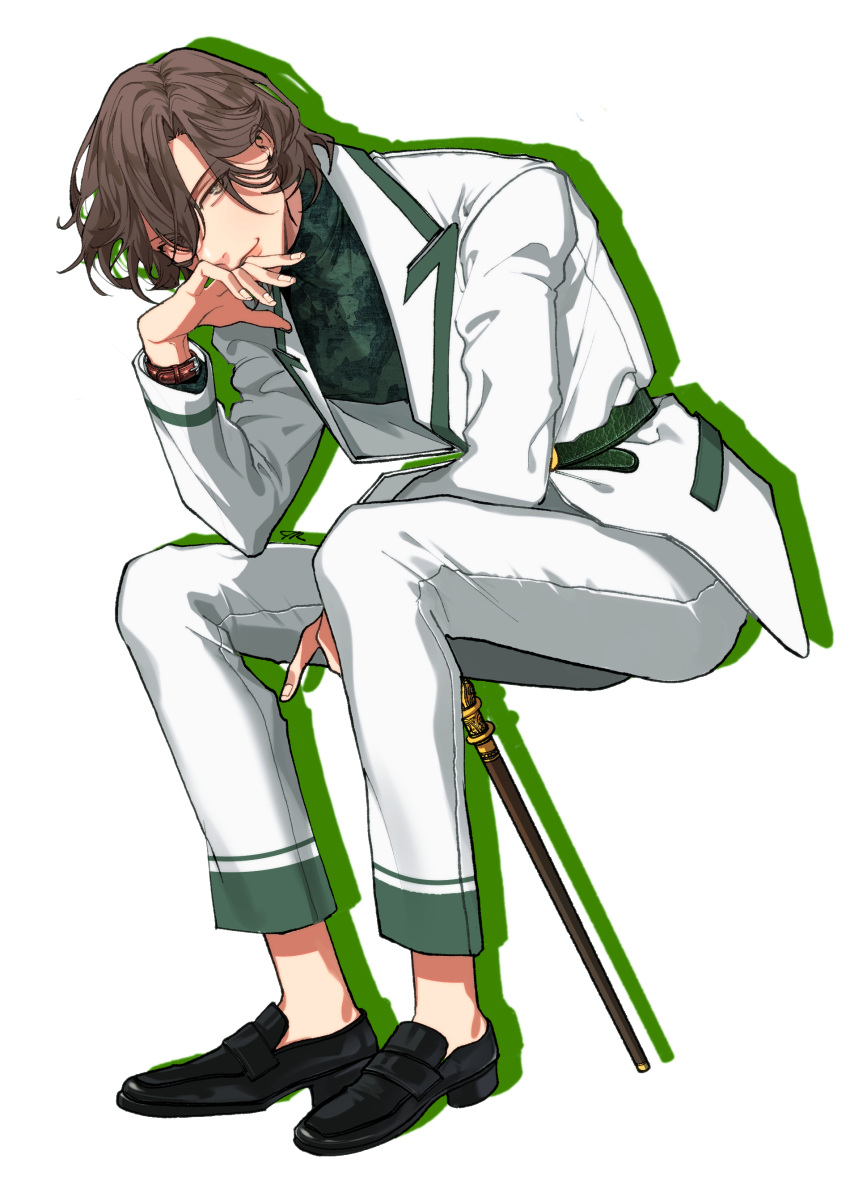 1boy absurdres black_footwear brown_hair cane commentary curtained_hair english_commentary fingernails full_body green_belt green_shirt grey_eyes hair_between_eyes hand_to_own_mouth highres invisible_chair jacket kotobuki_reiji leaning_forward lips long_sleeves looking_at_viewer male_focus pants shirt shoes short_hair silhouette simple_background sitting smile solo turtleneck uta_no_prince-sama wago watch watch white_background white_jacket white_pants