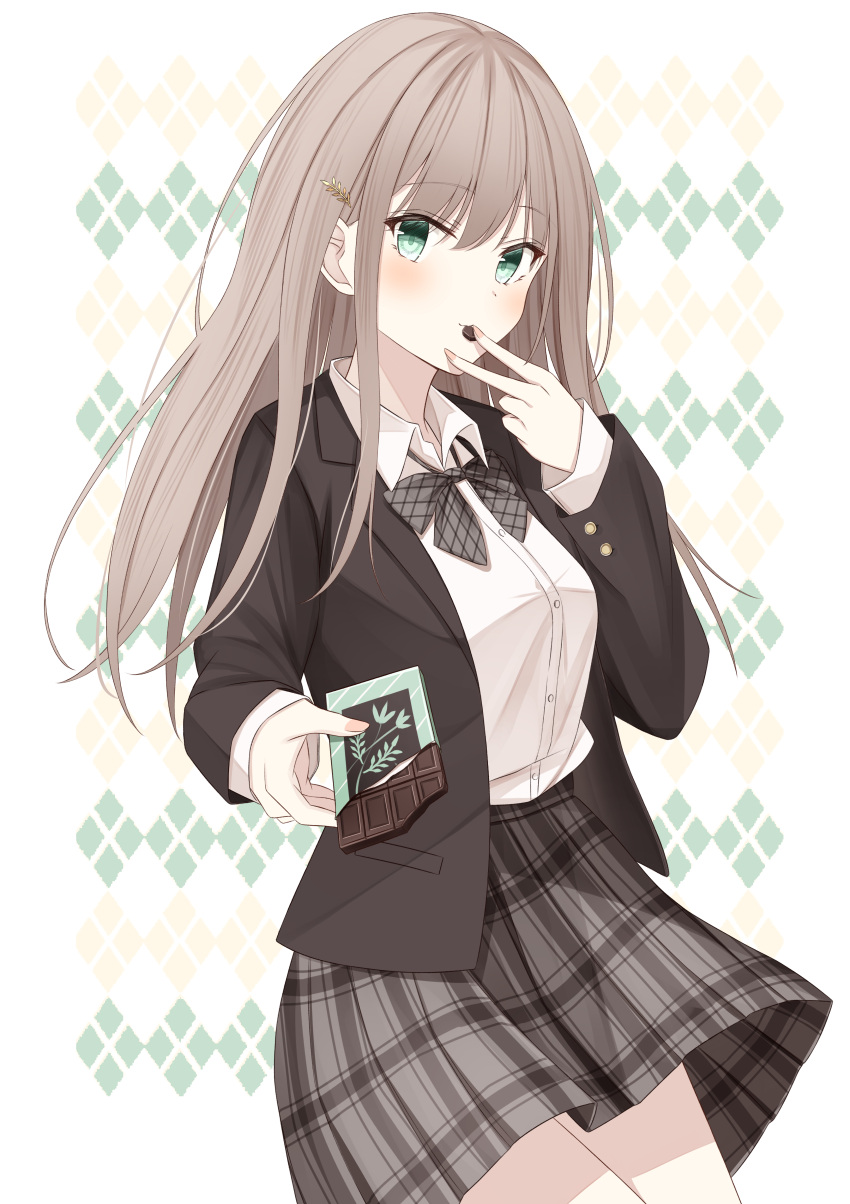 1girl absurdres bangs black_jacket blazer blush bow bowtie chocolate commentary english_commentary green_eyes grey_bow grey_bowtie grey_skirt highres jacket light_brown_hair long_hair long_sleeves open_clothes open_jacket original plaid plaid_bow plaid_bowtie plaid_skirt school_uniform senri_(senri_sen) shirt shirt_tucked_in skirt solo uniform white_shirt