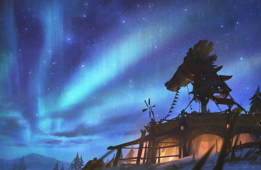 alzi_xiaomi aurora blurry blurry_foreground building fisheye highres hut landscape mountain mountainous_horizon night night_sky no_humans outdoors scenery signature sky star_(sky) starry_sky the_legend_of_zelda the_legend_of_zelda:_breath_of_the_wild