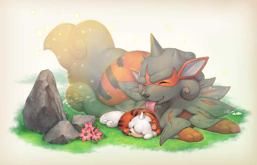 animal_focus closed_eyes covered_eyes facing_another flower grass hair_over_eyes highres hisuian_arcanine hisuian_growlithe kemonomichi_(blue_black) licking lying no_humans on_stomach pokemon pokemon_(creature) rock