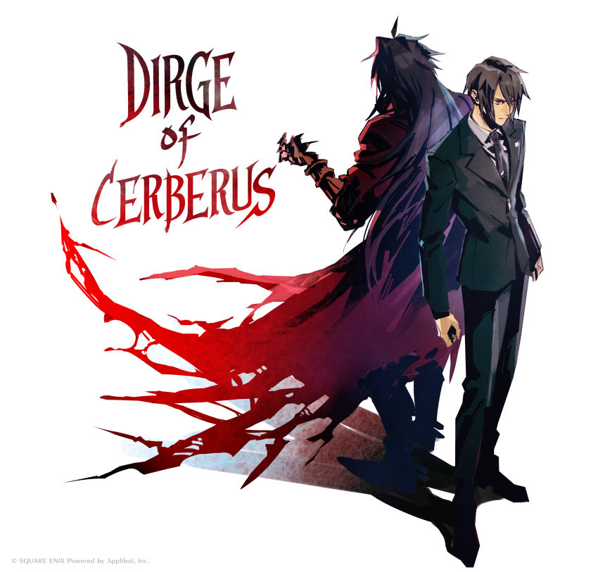 1boy absurdres black_hair clawed_gauntlets cloak commentary copyright_name copyright_notice dirge_of_cerberus:_final_fantasy_vii dual_persona english_commentary final_fantasy final_fantasy_vii final_fantasy_vii:_ever_crisis fujise_lisa highres long_hair necktie official_alternate_costume official_art promotional_art red_cloak simple_background standing suit torn_cloak torn_clothes turks_(ff7) very_long_hair vincent_valentine