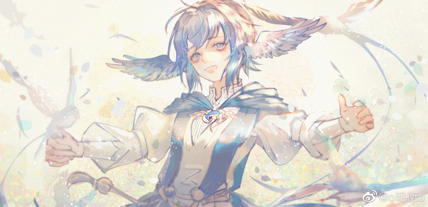 1girl bangs bird blue_capelet blue_eyes blue_hair blue_pupils brooch capelet chinese_commentary collared_shirt commentary_request feathered_wings film_grain final_fantasy final_fantasy_xiv flower head_wings highres jewelry light_particles looking_at_viewer meteion o_ming_heng_o open_mouth outstretched_arms petals puffy_sleeves sash shirt short_hair solo spread_arms tassel upper_body weibo_logo weibo_username white_background white_shirt wings