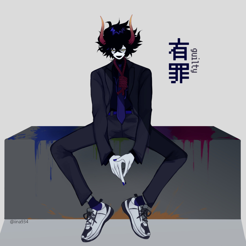 1boy @_@ absurdres alien black_hair black_suit blood blue_legwear blue_nails clown colored_blood colored_sclera colored_skin formal gallows gamzee_makara grey_skin hair_between_eyes highres homestuck horns iina934 looking_at_viewer nail_polish necktie open_mouth orange_horns own_hands_together purple_nails red_rope rope shoes short_hair simple_background smile sneakers suit troll_(homestuck) twitter_username white_background white_footwear yandere yellow_sclera
