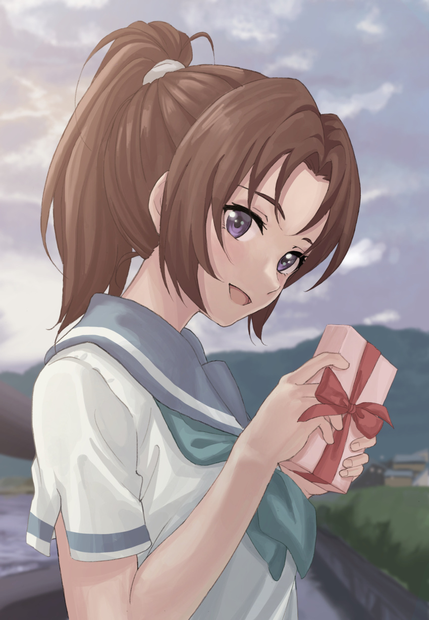 1girl absurdres blue_neckerchief blue_sailor_collar blurry blurry_background blush box brown_hair clouds cloudy_sky field gift gift_box hand_up head_tilt hibike!_euphonium highres holding holding_box kitauji_high_school_uniform long_hair looking_at_viewer looking_to_the_side mountain nakagawa_natsuki neckerchief open_mouth outdoors ponytail raku_rakugaki sailor_collar school_uniform serafuku shirt short_sleeves sky smile solo standing violet_eyes white_shirt