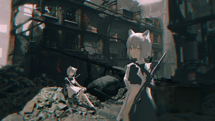 2girls animal_ears apron black_dress black_footwear blurry building cat_ears chromatic_aberration closed_mouth commentary dress frilled_apron frills grey_hair highres maid_apron multiple_girls original outdoors pink_eyes rifle_on_back rubble ruins short_hair short_sleeves sitting white_apron zumochi