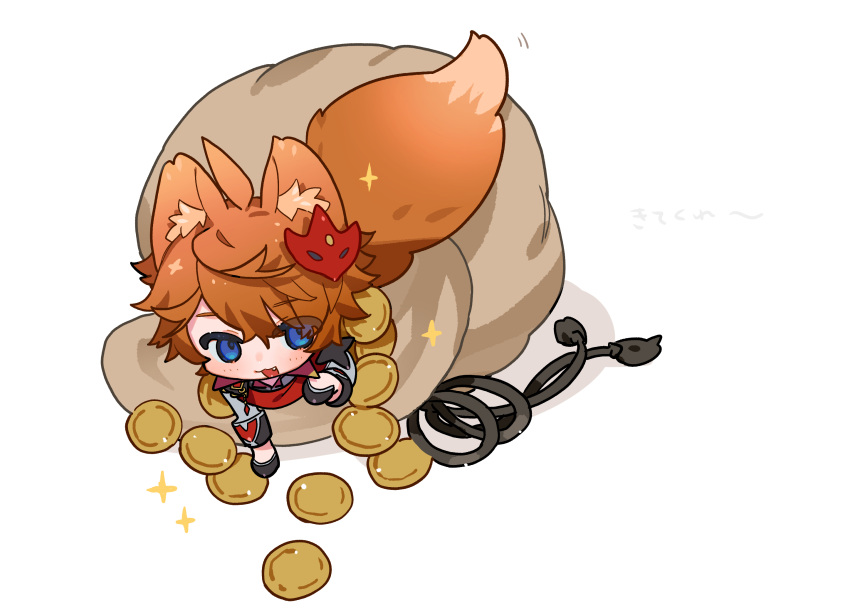 1boy :3 animal_ear_fluff animal_ears bangs black_gloves blush chibi coin fang fox_boy fox_ears fox_tail genshin_impact gloves hair_between_eyes highres jacket male_focus mask mask_on_head moneybag open_mouth orange_hair red_mask red_scarf scarf solo sparkle tail tartaglia_(genshin_impact) yagita_(astronomie)