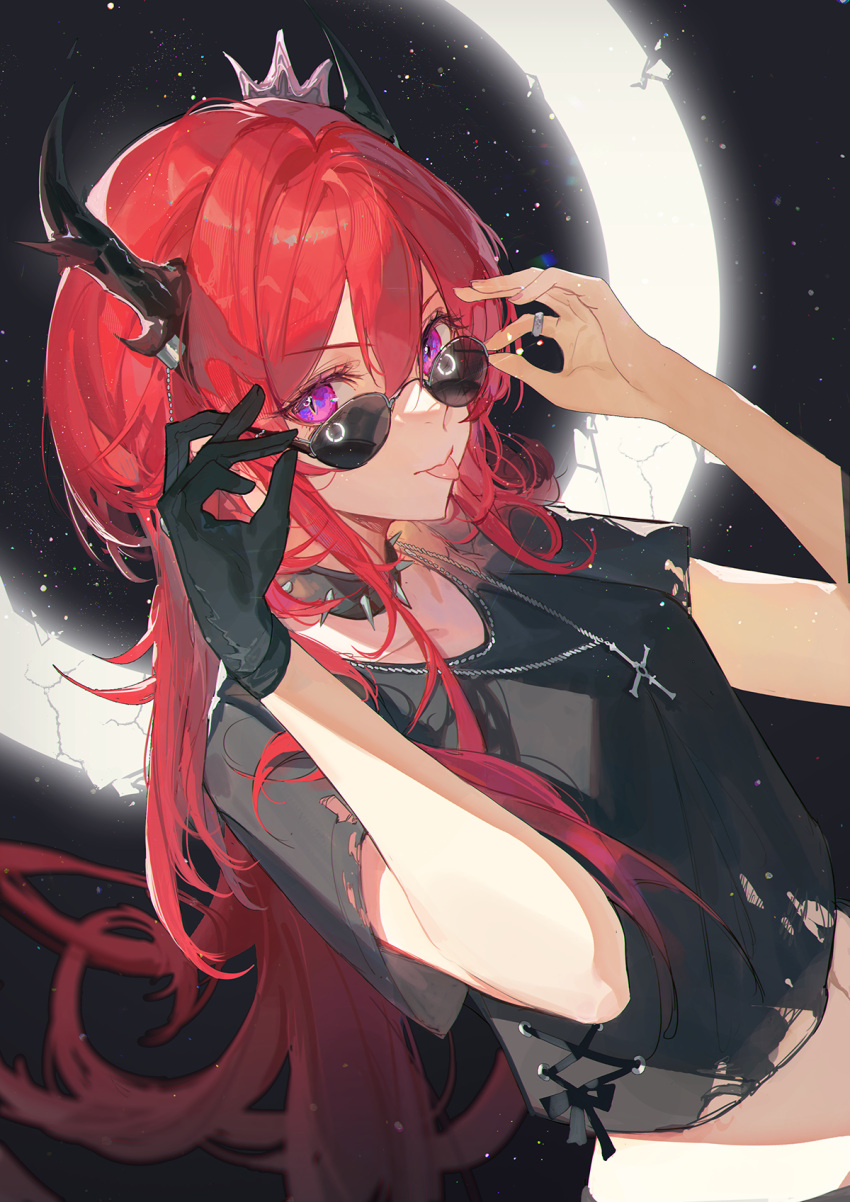 1girl :p adjusting_eyewear arknights black_collar black_gloves black_shirt breasts collar collarbone cropped_shirt cross demon_horns dutch_angle gloves hair_between_eyes hands_up highres horn_ornament horns jewelry kuroduki_(pieat) long_hair looking_at_viewer midriff navel necklace official_alternate_costume redhead ring shirt single_glove slit_pupils small_breasts solo spiked_collar spikes sunglasses surtr_(arknights) surtr_(liberte_echec)_(arknights) tongue tongue_out torn_clothes torn_shirt upper_body very_long_hair violet_eyes