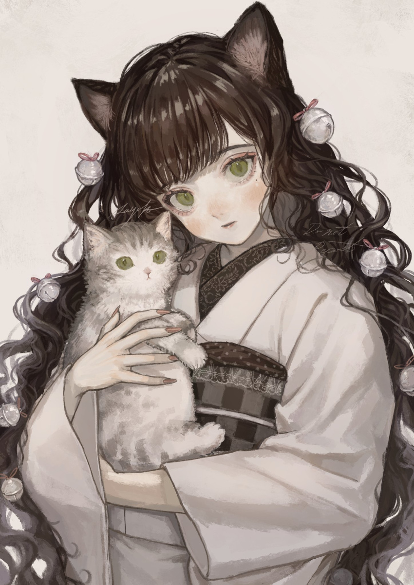 1girl animal animal_ear_fluff animal_ears bangs bell blunt_bangs brown_hair cat cat_ears cat_girl checkered_sash closed_mouth expressionless fingernails floral_print green_eyes hair_bell hair_ornament head_tilt highres holding holding_animal holding_cat japanese_clothes jingle_bell kimono long_fingernails long_hair long_sleeves looking_at_viewer mole mole_under_eye nail_polish obi obiage obijime original pale_skin sash sayosny2 sharp_fingernails signature simple_background slit_pupils solo symbol-only_commentary upper_body very_long_hair watermark wavy_hair white_background white_kimono wide_sleeves