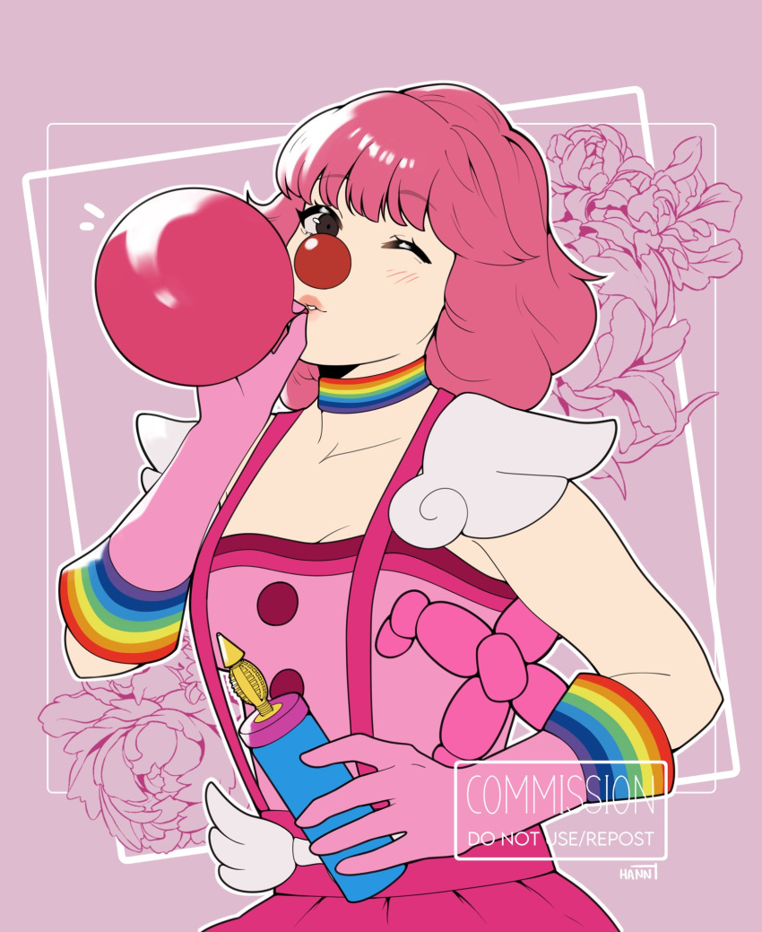 1girl ace_attorney artist_name balloon bangs clown_nose floral_background geiru_toneido gloves hannreina highres long_hair multicolored_clothes one_eye_closed outline parted_lips phoenix_wright:_ace_attorney_-_spirit_of_justice pink_background pink_gloves pink_hair rainbow solo upper_body white_outline