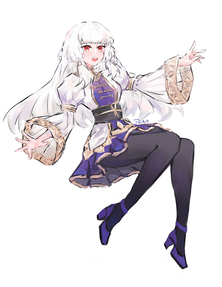 1girl absurdres artist_name black_legwear black_sash dress fire_emblem fire_emblem:_three_houses fire_emblem_warriors:_three_hopes full_body gold_trim high_heels highres long_hair lysithea_von_ordelia official_alternate_costume official_alternate_hairstyle open_mouth paiiart pantyhose purple_legwear red_eyes round_teeth sash teeth white_hair wide_sleeves