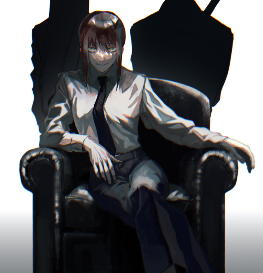 1girl arm_rest armchair black_necktie black_pants brown_hair chainsaw_man chair chromatic_aberration collared_shirt crossed_legs evil_smile feet_out_of_frame gradient gradient_background highres kawatiw long_sleeves looking_at_viewer makima_(chainsaw_man) necktie on_chair pants ringed_eyes shirt short_hair silhouette simple_background sitting smile solo_focus white_background white_shirt yellow_eyes