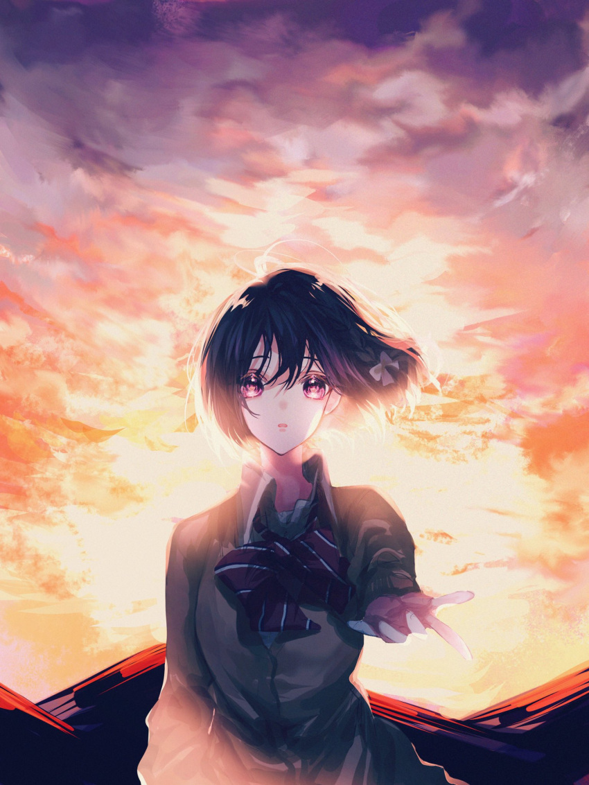 1girl arm_at_side backlighting banbiiiino0303 bangs bow bowtie braid brown_eyes brown_hair cardigan clouds cloudy_sky floating_hair hair_bow highres long_sleeves looking_at_viewer mountainous_horizon orange_sky outdoors outstretched_arm parted_lips pink_eyes project_sekai reaching_out red_bow red_bowtie school_uniform shinonome_ena shirt short_hair side_braid single_braid sky solo twilight upper_body white_bow