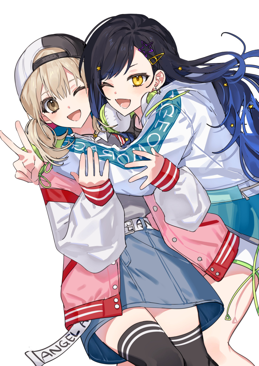 2girls :d absurdres azusawa_kohane baseball_cap belt belt_buckle black_hair black_headwear black_legwear blue_hair blue_skirt brown_eyes brown_hair buckle commentary earrings fujo0t4ku gradient_hair grey_shirt hair_ornament hairclip hat headphones headphones_around_neck highres jacket jewelry long_hair medium_hair multicolored_hair multiple_girls one_eye_closed open_mouth pink_jacket project_sekai shiraishi_an shirt short_twintails skirt smile star_(symbol) star_earrings star_hair_ornament thigh-highs twintails two-tone_headwear v very_long_hair white_belt white_headwear white_jacket