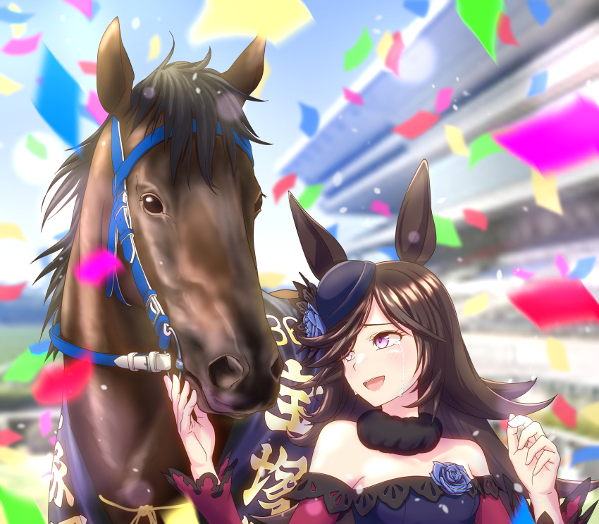 1girl absurdres animal_ears blush breasts cheesecake_(artist) commentary_request confetti crying hair_over_one_eye hat highres horse horse_ears horse_girl long_hair racetrack rice_shower_(racehorse) rice_shower_(umamusume) small_breasts takarazuka_kinen umamusume violet_eyes