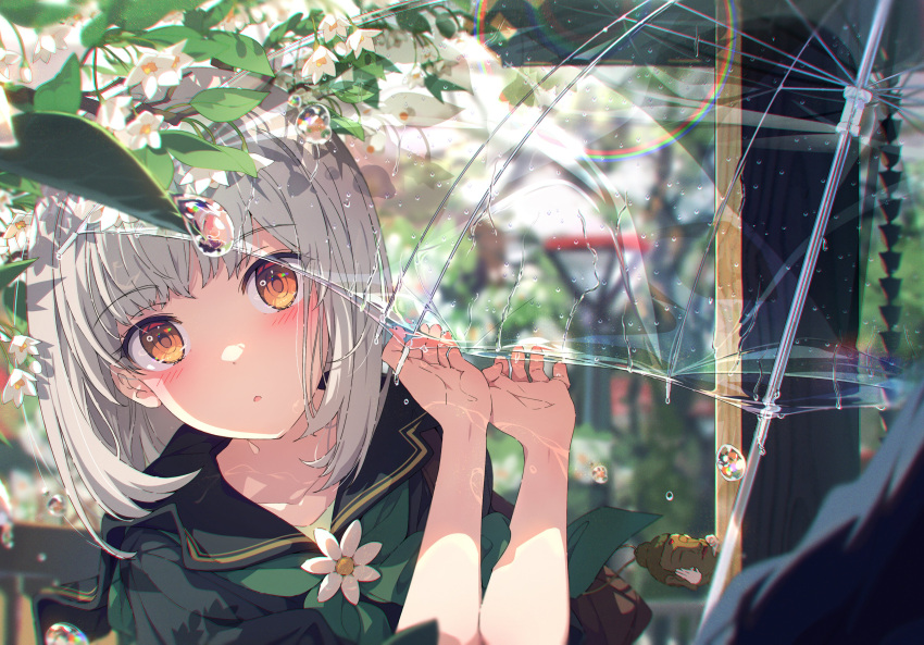 1girl :o absurdres blurry blush bubble depth_of_field flower grey_hair highres leaf looking_at_viewer ogipote open_mouth orange_eyes original outdoors rainbow school_uniform see-through serafuku short_hair solo umbrella upper_body wet white_flower