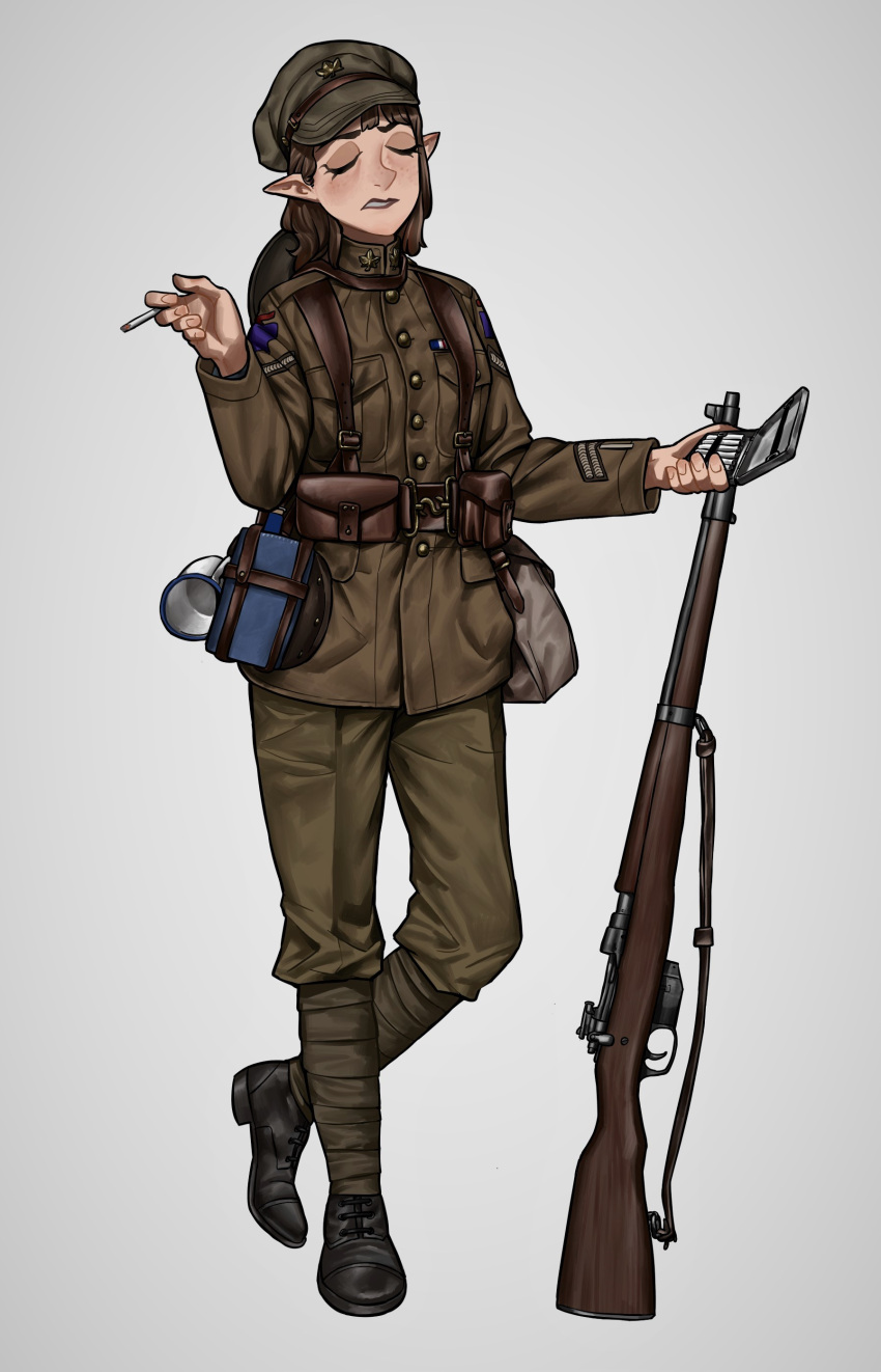 1girl absurdres brown_hair canada canadian_army cigarette cigarette_case commission gun highres load_bearing_equipment military military_rank_insignia military_uniform original pointy_ears puttee remora25 rifle ross_rifle simple_background smoking standing uniform weapon world_war_i