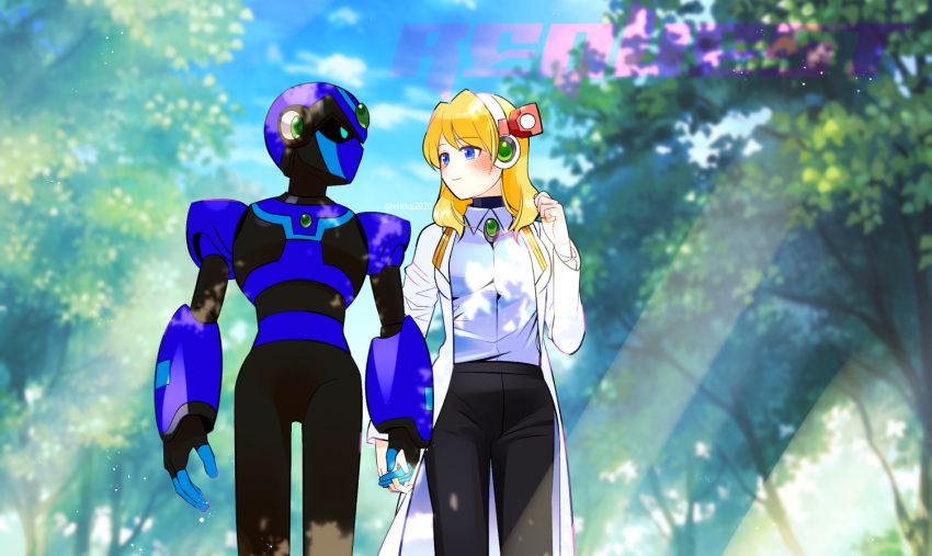 1boy 1girl alia_(mega_man) armor black_pants blonde_hair blue_armor blue_eyes blue_helmet breasts chest_jewel commission couple cowboy_shot gem green_gem headset helmet hetero holding_hands interlocked_fingers lab_coat medium_hair mega_man_(series) mega_man_x_(series) outdoors pants rikka_(user_hruv2435) skeb_commission sunlight tree