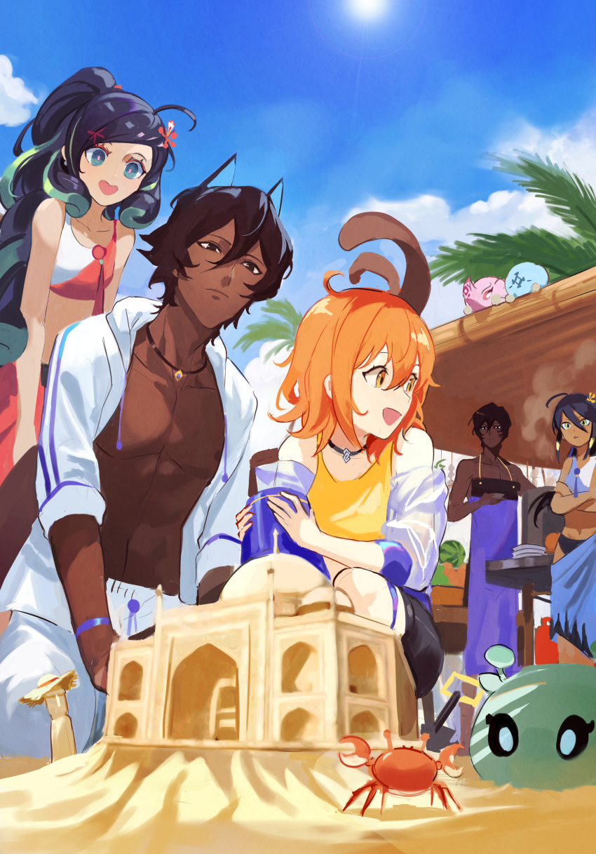 2boys 3girls :d :| absurdres ahoge alternate_costume animal_ears arjuna_(fate) arjuna_alter_(fate) bangs beach bikini black_choker black_eyes black_hair black_shorts blue_eyes bucket buried canopy_(shelter) choker closed_mouth clouds colored_eyelashes crab crop_top crossed_arms curly_hair dark-skinned_female dark-skinned_male dark_skin day delonix_regia detached_sleeves fate/grand_order fate_(series) feet_out_of_frame flower food fruit fujimaru_ritsuka_(female) green_hair hair_between_eyes hair_flower hair_ornament heart-shaped_mouth highres hood hoodie jewelry kneeling kon_(fate) kupikuuu leaning_forward long_hair looking_at_another looking_at_object looking_back medium_hair multicolored_hair multiple_boys multiple_girls no_shirt open_clothes open_hoodie orange_hair palm_tree pants parted_lips pendant pink_pupils plate plate_stack ponytail pot purple_apron red_flower sand_castle sand_sculpture sarong see-through see-through_sleeves shirt short_hair shorts shovel sleeveless sleeveless_shirt smile squatting standing steam streaked_hair sunlight swept_bangs swimsuit table taj_mahal tree trung_nhi_(fate) trung_trac_(fate) watermelon white_hoodie white_pants yellow_eyes yellow_flower yellow_shirt