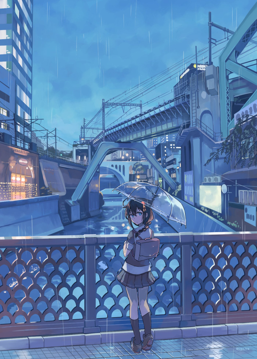 ahoge backpack bag black_hair black_serafuku black_skirt blue_eyes braid bridge building from_behind hair_flaps hair_ornament hair_over_shoulder highres kantai_collection looking_at_viewer looking_back night outdoors pleated_skirt power_lines rain sailor_collar school_uniform serafuku shigure_(kancolle) shigure_kai_ni_(kancolle) single_braid skirt standing sugue_tettou transparent transparent_umbrella umbrella white_sailor_collar