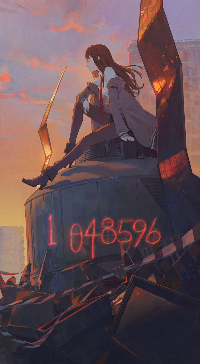 1girl absurdres black_footwear clouds commentary_request evening highres jacket long_hair long_sleeves looking_away makise_kurisu modare necktie numbered orange_sky outdoors purple_jacket red_necktie redhead shirt shoes sitting sky solo steins;gate sunset white_shirt