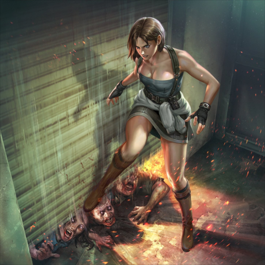 1girl blue_eyes boots brildanne brown_hair capcom closed_mouth clothes_around_waist fingerless_gloves gloves highres jill_valentine miniskirt resident_evil resident_evil_3 short_hair skirt sparks strapless sweater sweater_around_waist tube_top zombie