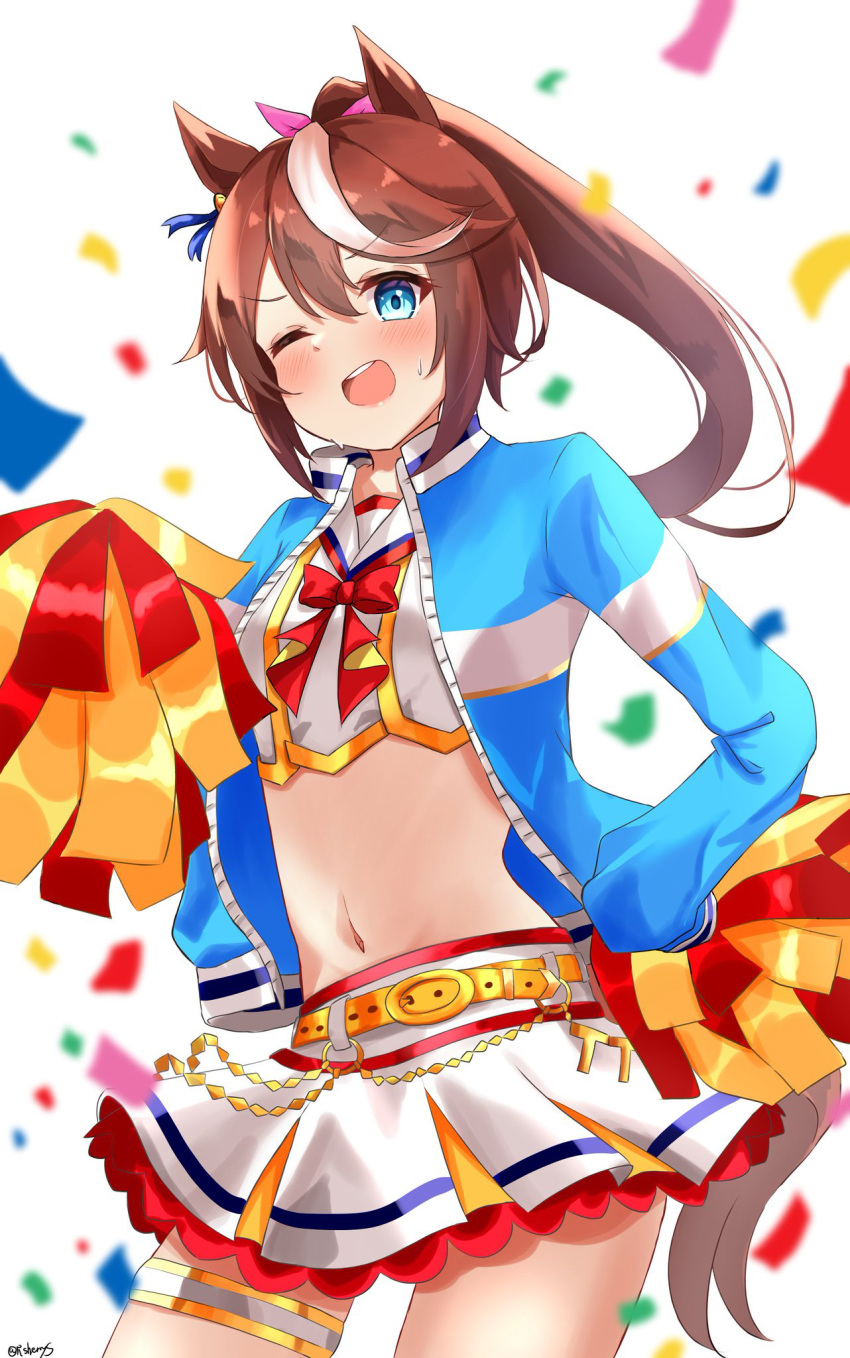 alternate_costume animal_ears belt blue_eyes blush cheerleader confetti hair_ornament highres horse_ears horse_girl horse_tail jacket long_hair midriff naonao_(sherry) navel one_eye_closed open_mouth pom_pom_(cheerleading) sweat tail tokai_teio_(umamusume) umamusume white_background