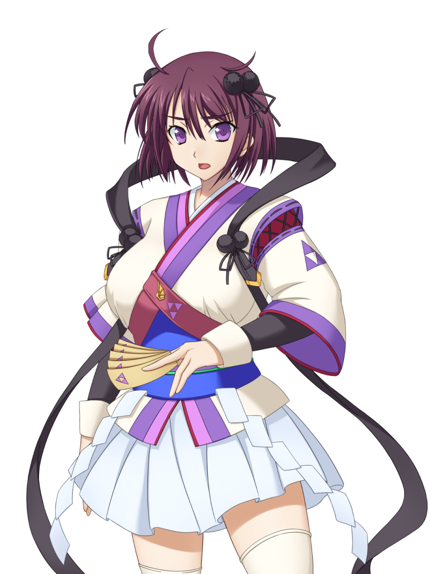 1girl ahoge black_ribbon black_sleeves breasts brown_hair hair_ornament highres japanese_clothes kakikorori nanjou_ran nontraditional_miko ofuda open_mouth orb pleated_skirt purple_hair rance_(series) ribbon sengoku_rance short_hair simple_background skirt solo thigh-highs violet_eyes weapon white_background white_legwear white_skirt