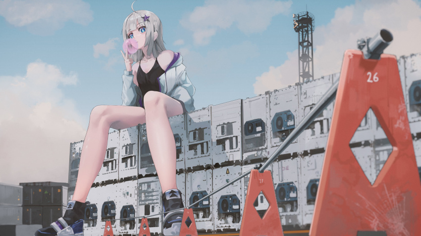 1girl aa-12_(girls'_frontline) absurdres ahoge bangs black_camisole black_footwear blue_eyes blue_sky camisole clouds commission giant giantess girls_frontline grey_hair hair_ornament highres jacket long_sleeves looking_at_viewer nighttsound off_shoulder open_clothes open_jacket outdoors second-party_source shoes short_hair sitting sky solo star_(symbol) star_hair_ornament white_jacket