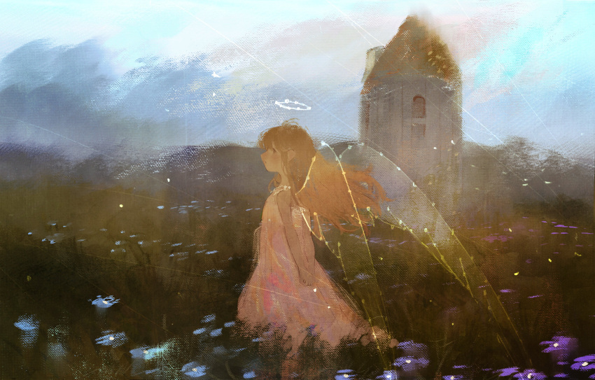 1girl absurdres angel angel_wings arms_behind_back blue_sky blush brown_hair building clouds cloudy_sky dress halo highres long_hair original outdoors pomepomesanpo profile sky sleeveless sleeveless_dress solo upper_body white_dress wings