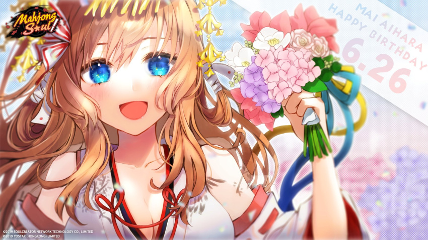 1girl aihara_mai bangs bare_shoulders blonde_hair blue_eyes bouquet breasts character_name commentary copyright_name english_commentary flower flower_request happy_birthday highres holding holding_bouquet japanese_clothes kotsuru_kari large_breasts logo looking_at_viewer mahjong mahjong_soul miko official_art official_wallpaper open_mouth pink_flower pink_rose purple_flower rose smile solo tenbou white_flower