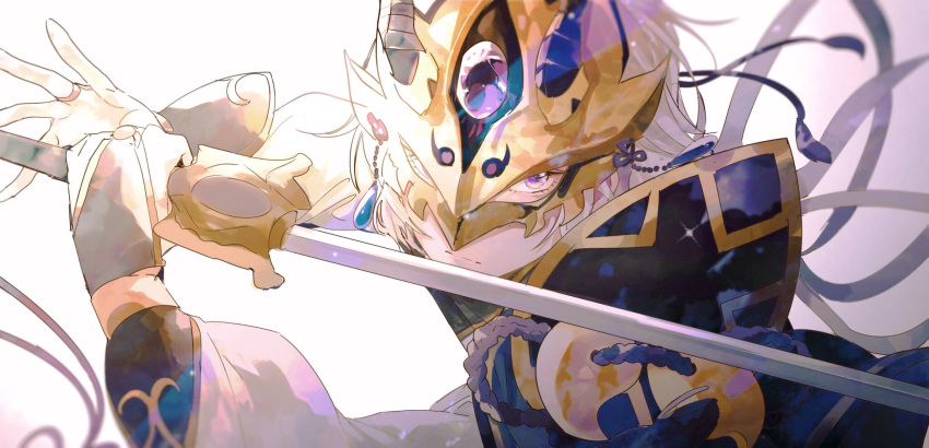1boy chinese_clothes fate/grand_order fate_(series) fingerless_gloves gloves highres holding holding_sword holding_weapon long_hair looking_at_viewer mask oguanf prince_of_lan_ling_(fate) purple_hair simple_background solo sword upper_body weapon white_background white_hair