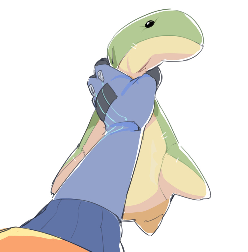 absurdres apex_legends blue_gloves female_pov gloves highres holding holding_stuffed_toy jacket lila_(lilakeylk) nessie_(respawn) orange_jacket pov solo stuffed_toy wattson_(apex_legends) white_background