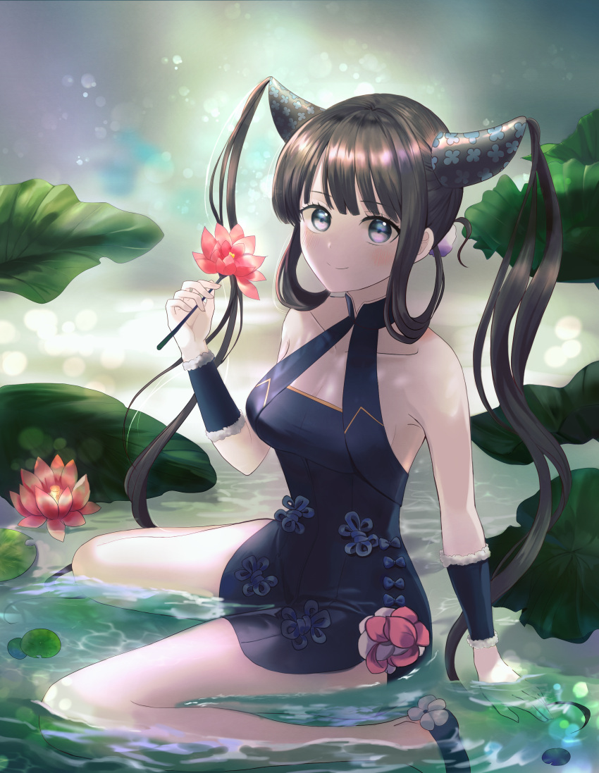 1girl 364_holidays absurdres bad_id bad_pixiv_id bangs bare_legs black_eyes black_hair breasts china_dress chinese_clothes dress eyebrows_behind_hair fate/grand_order fate_(series) flower highres holding holding_flower long_hair looking_at_viewer lotus river sitting sleeveless smile solo twintails yang_guifei_(fate)