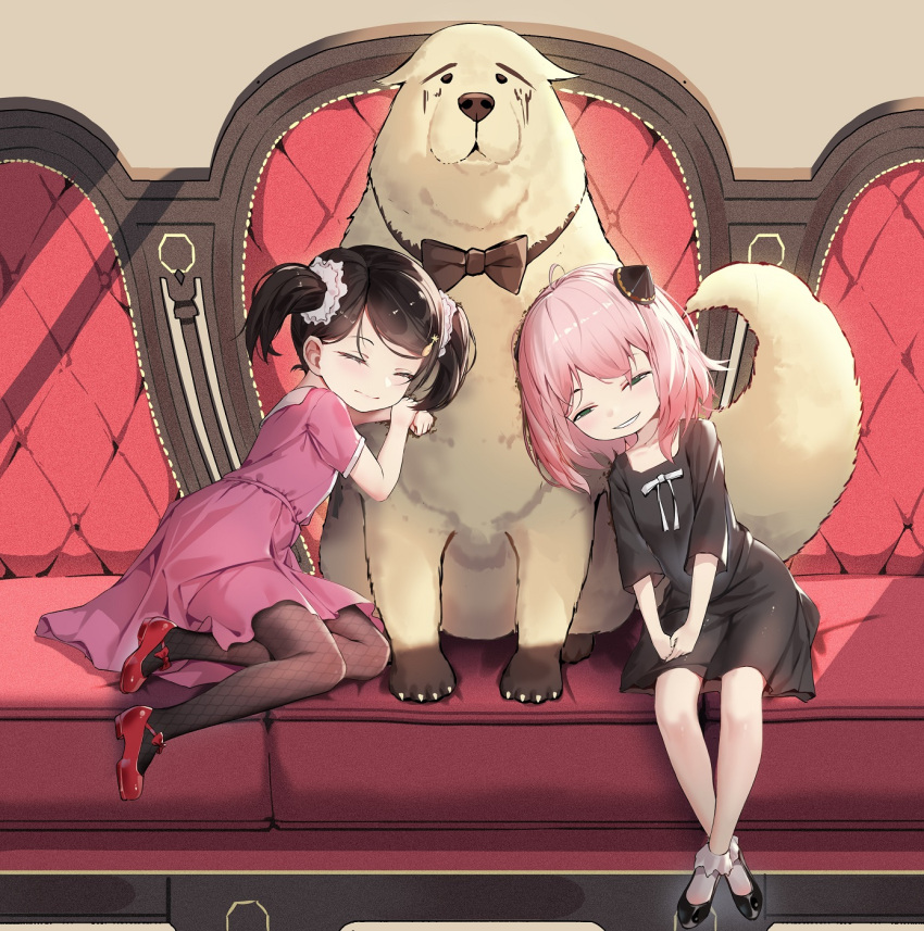 2girls ahoge animal anya's_heh_face_(meme) anya_(spy_x_family) bangs becky_blackbell black_dress black_footwear black_hair black_legwear bond_(spy_x_family) brown_background closed_eyes closed_mouth commentary couch dog dress english_commentary facing_viewer female_child great_pyrenees highres long_sleeves meme multiple_girls on_couch pantyhose parted_lips pink_dress pink_hair puffy_short_sleeves puffy_sleeves red_footwear shadow shoes short_sleeves signature smile spy_x_family twintails white_legwear you_ni_ge_shaobing