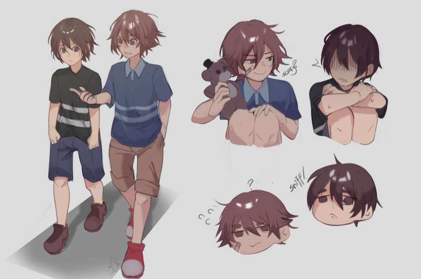 2boys bandaid bandaid_on_cheek bandaid_on_face blue_shirt blue_shorts brown_hair crying_child_(fnaf) five_nights_at_freddy's five_nights_at_freddy's:_security_breach five_nights_at_freddy's_4 freddy_fazbear gregory_(fnaf) hands_in_pockets highres m_xsps multiple_boys shirt short_hair shorts smile striped striped_shirt stuffed_animal stuffed_toy tears teddy_bear time_paradox trait_connection